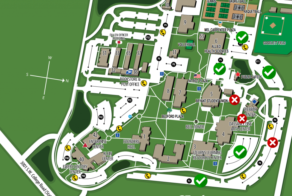 The areas with red and white circle 'Xs' are going to be blocked off the day of the Employee Recognition and Gabor Awards 2026. The preferred alternatives are green and white circle checkmarks.